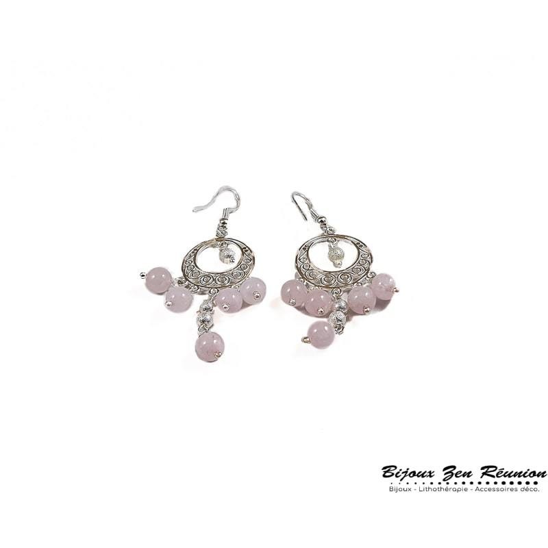 Boucles d'oreilles quartz rose bobo chandelier - Bijoux zen Réunion